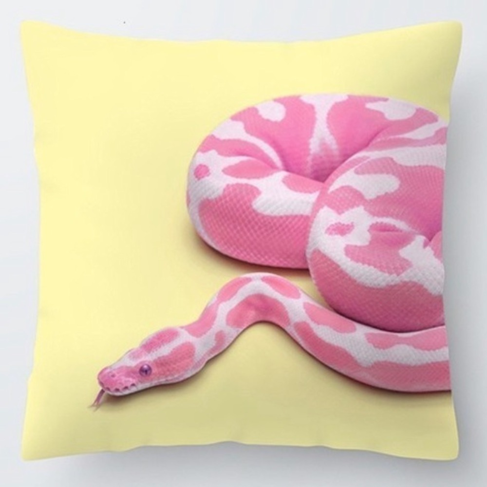 Neon pink python pop Art pillow cushion cover on pale yellow